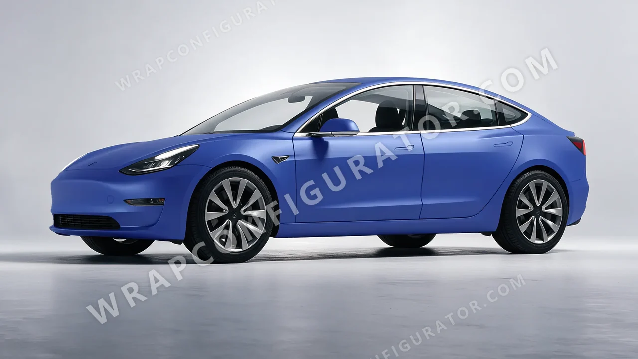 Blue Tesla Model 3 2019 wrapped in 3M Matte Slate Blue Metallic M217