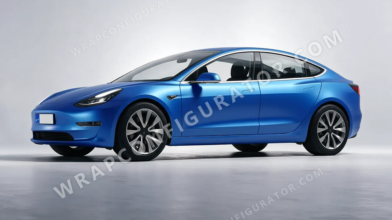 Blue Tesla Model 3 2019 wrapped in 3M Satin Perfect Blue S347