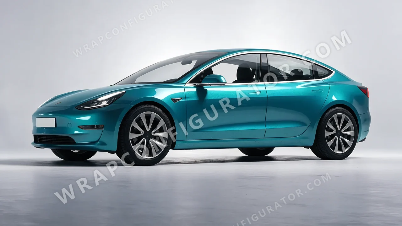 Blue Tesla Model 3 2019 wrapped in KPMF Dynamic Teal K75455