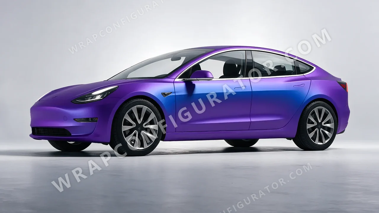 Blue Tesla Model 3 2019 wrapped in KPMF Matt Purple Blue Iridescent K75566