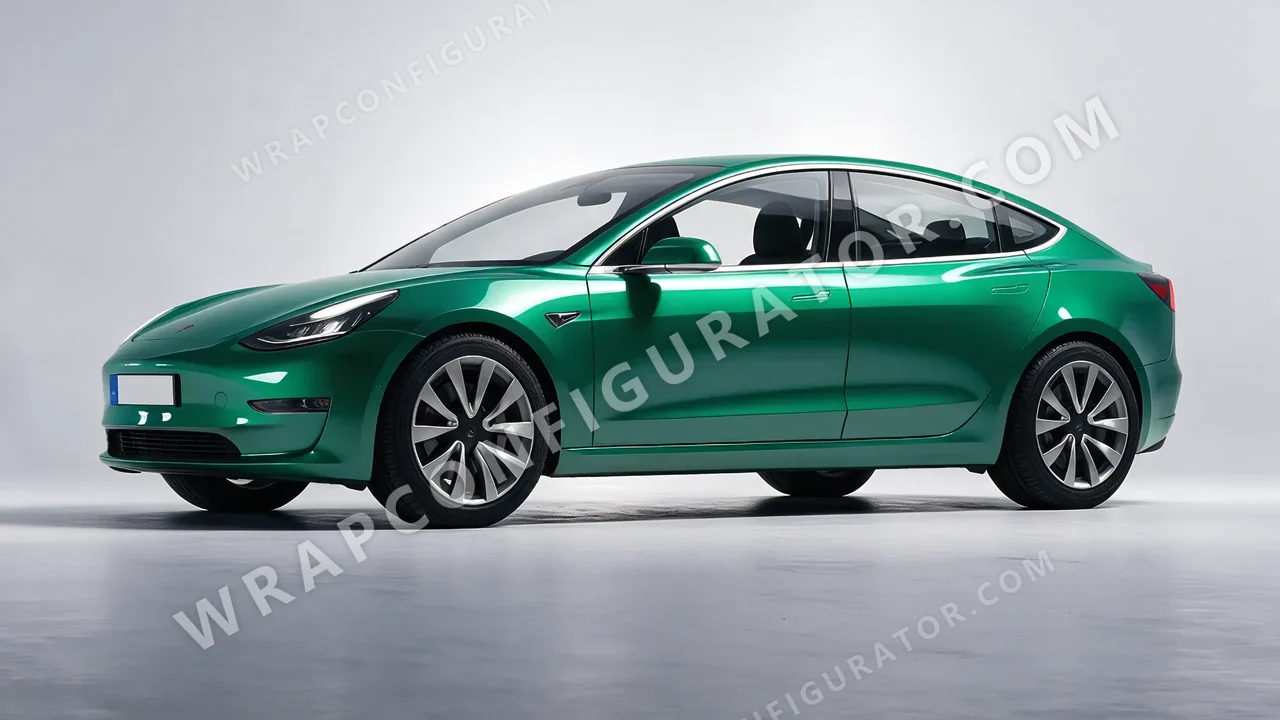 Green Tesla Model 3 2019 wrapped in 3M Gloss Green Envy G336
