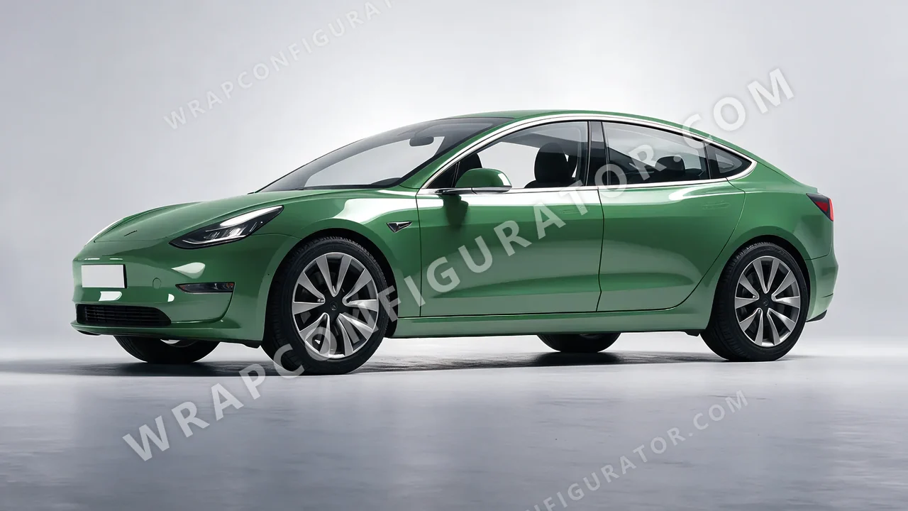 Green Tesla Model 3 2019 wrapped in 3M Mantis Green HG36