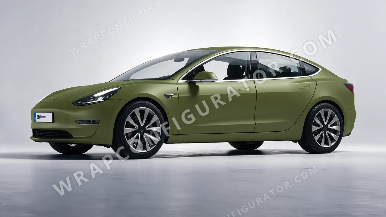 Green Tesla Model 3 2019 wrapped in 3M Matte Military Green M26