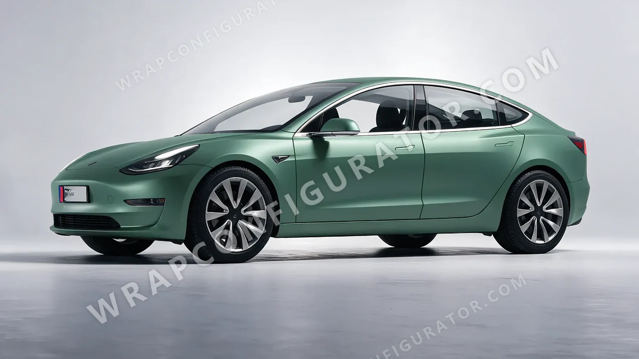 Green Tesla Model 3 2019 wrapped in 3M Matte Pine Green Metallic M206