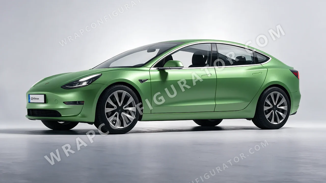 Green Tesla Model 3 2019 wrapped in 3M Satin Apple Green S196