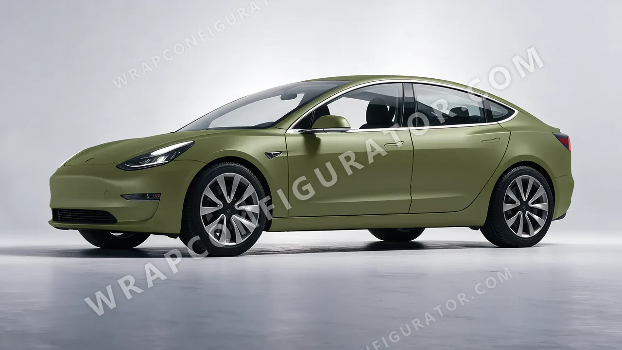 Green Tesla Model 3 2019 wrapped in Avery Dennison Olive Green SW900-732-O