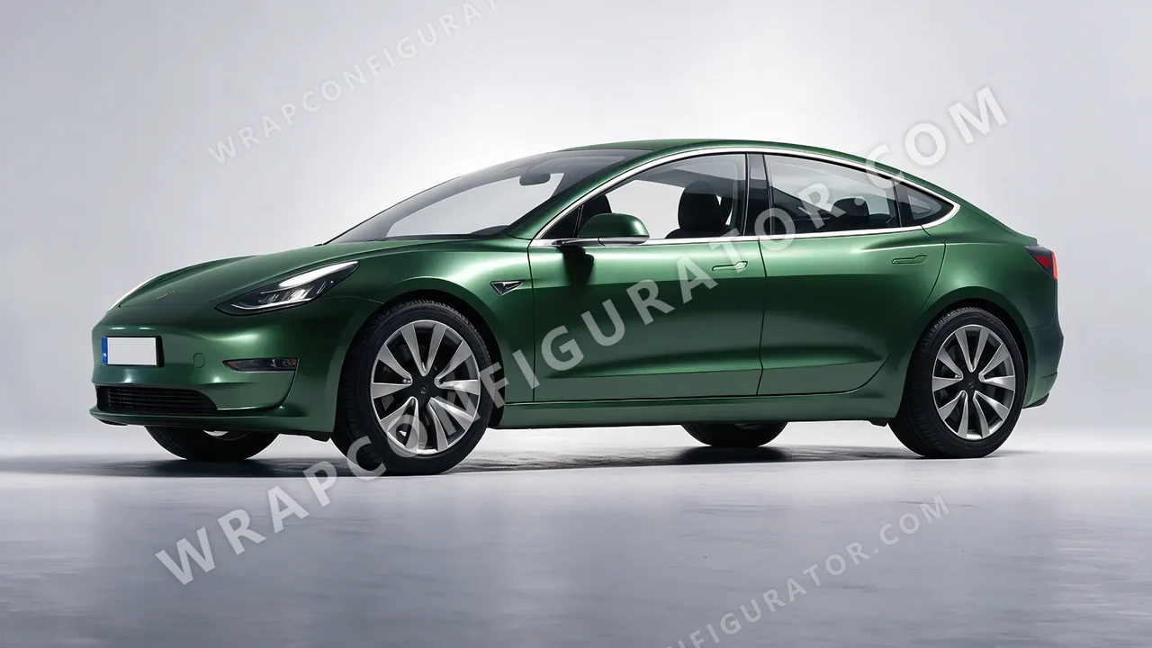 Green Tesla Model 3 2019 wrapped in Avery Dennison Pearl Dark Green SW900-796-S