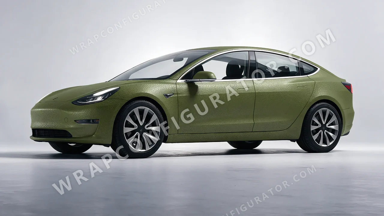 Green Tesla Model 3 2019 wrapped in Avery Dennison Rugged Combat Green SW900-718-X