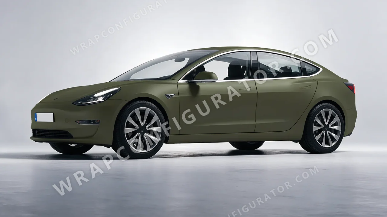 Green Tesla Model 3 2019 wrapped in Colourshield PPF by HyperPro Army Green SMF04-P