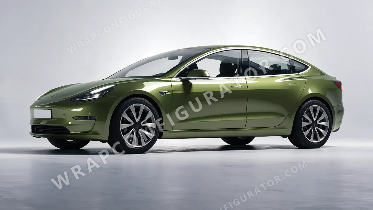 Green Tesla Model 3 2019 wrapped in Inozetek Dynamic PPF Olive DPPF931