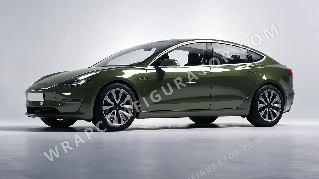 Green Tesla Model 3 2019 wrapped in Inozetek Dynamic PPF Student Driver Olive SD103