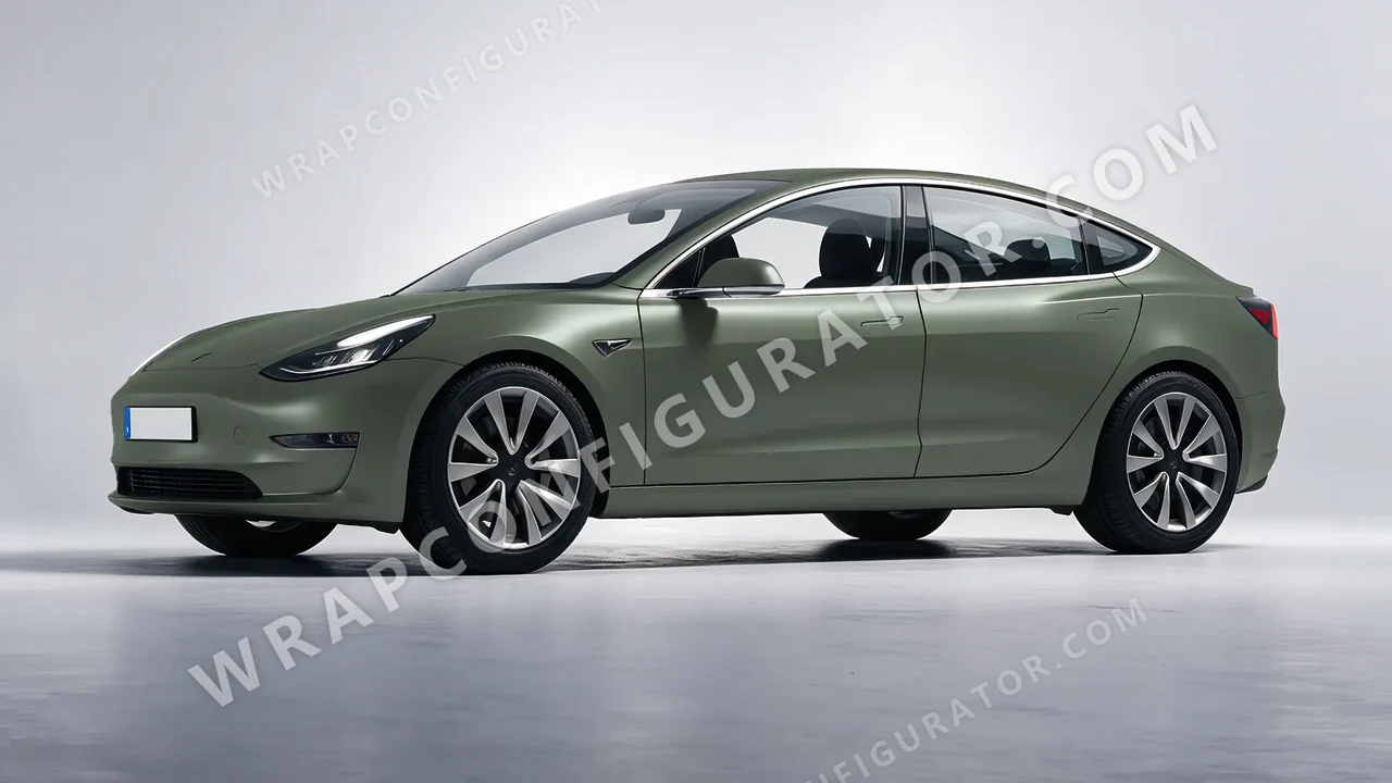Green Tesla Model 3 2019 wrapped in KPMF Matt Platinum Dark Sage K75560