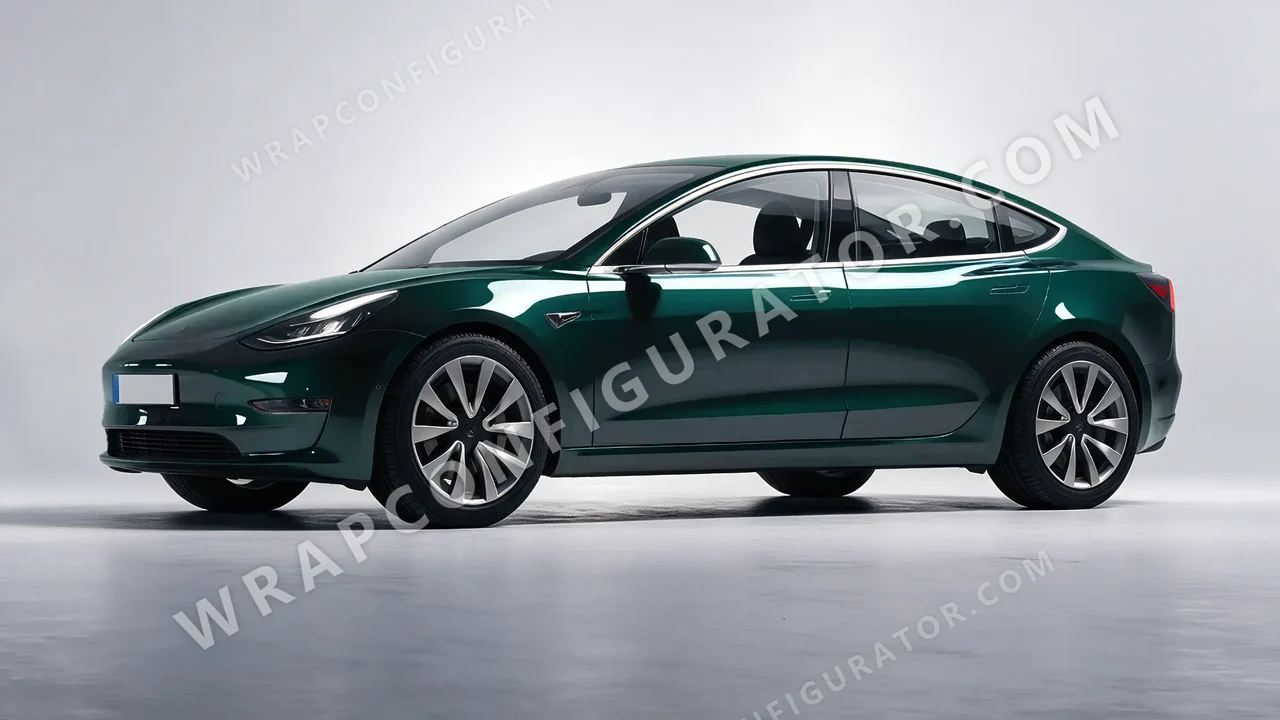 Green Tesla Model 3 2019 wrapped in ORACAL Fir Tree Green 970RA-622G