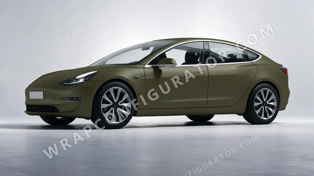 Green Tesla Model 3 2019 wrapped in ORACAL Nato Olive 970RA-285M