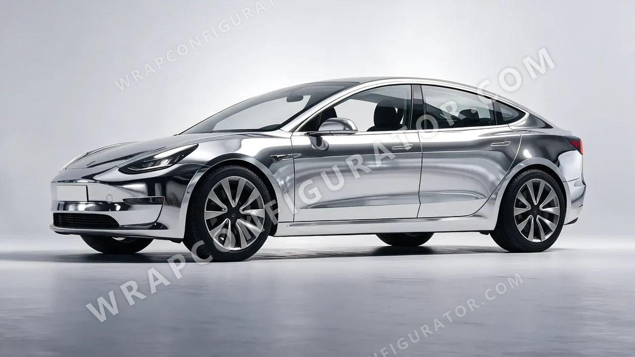 Grey Tesla Model 3 2019 wrapped in 3M Gloss Silver Chrome GC451