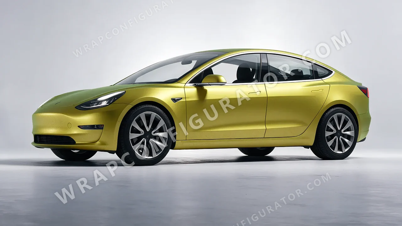 Grey Tesla Model 3 2019 wrapped in KPMF Matt Iced Yellow Titanium K75534