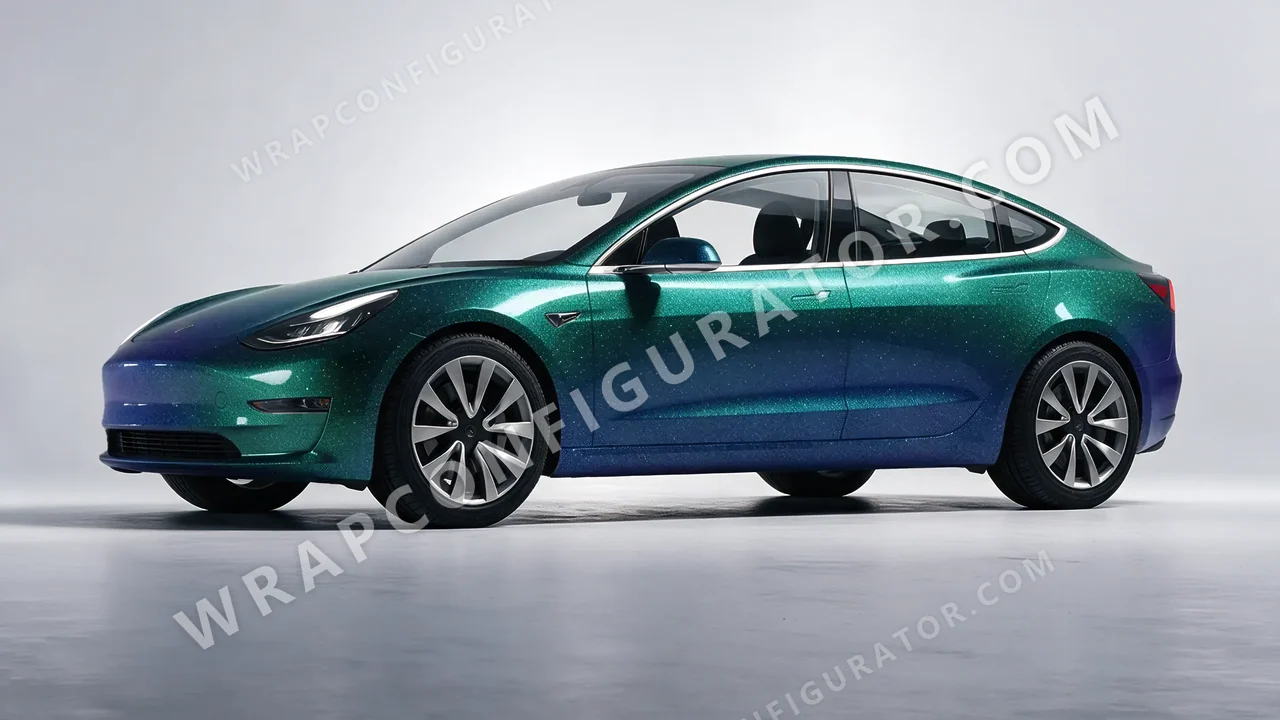 Grey Tesla Model 3 2019 wrapped in ORACAL Thunderous Blue Green 970RA-851G