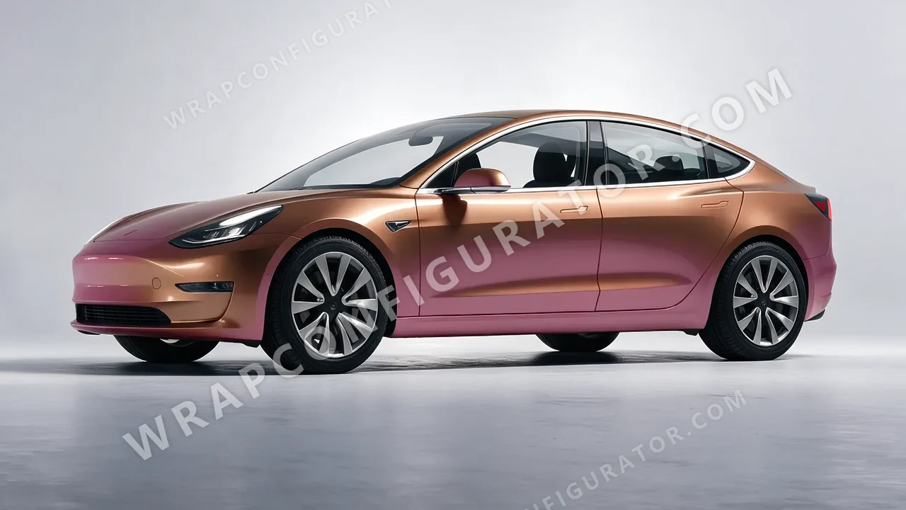 Orange Tesla Model 3 2019 wrapped in ORACAL Gloss Aubergine Bronze 970RA-990G