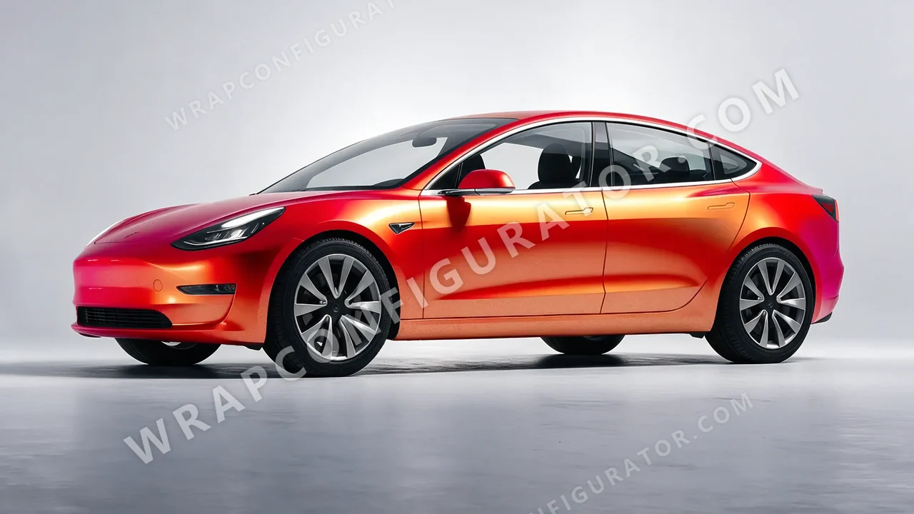 Orange Tesla Model 3 2019 wrapped in ORACAL Gloss Sunset Shift 970RA-100G