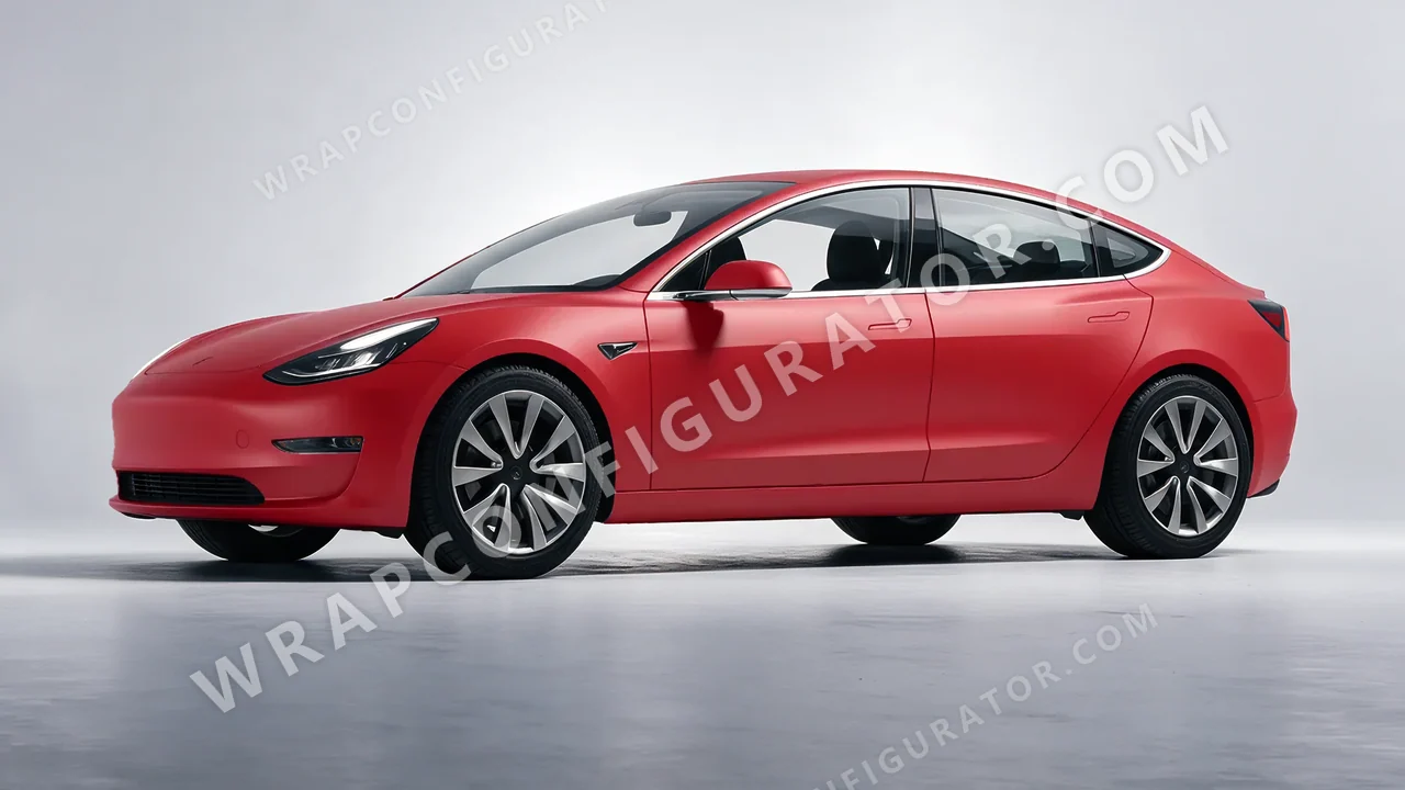 Red Tesla Model 3 2019 wrapped in 3M Matte Red M13