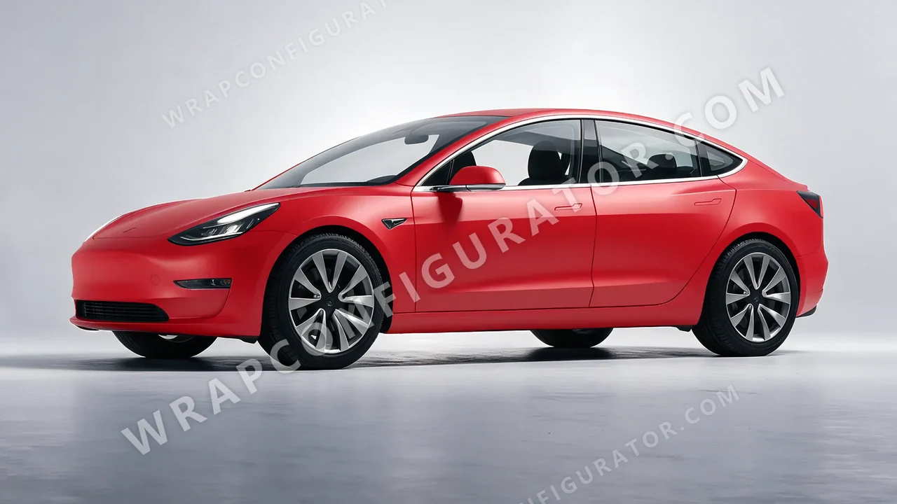 Red Tesla Model 3 2019 wrapped in ORACAL Cardinal Red 970RA-028M
