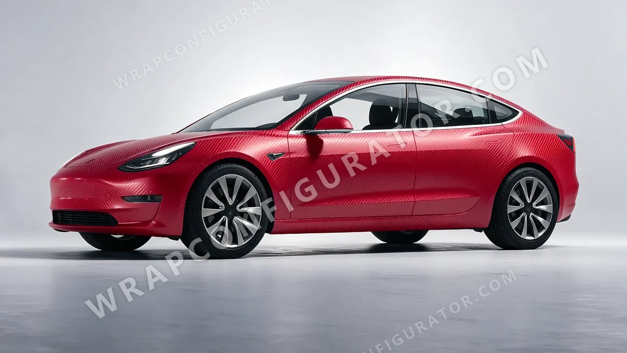 Red Tesla Model 3 2019 wrapped in ORACAL Geranium Red Carbon 975-305CA