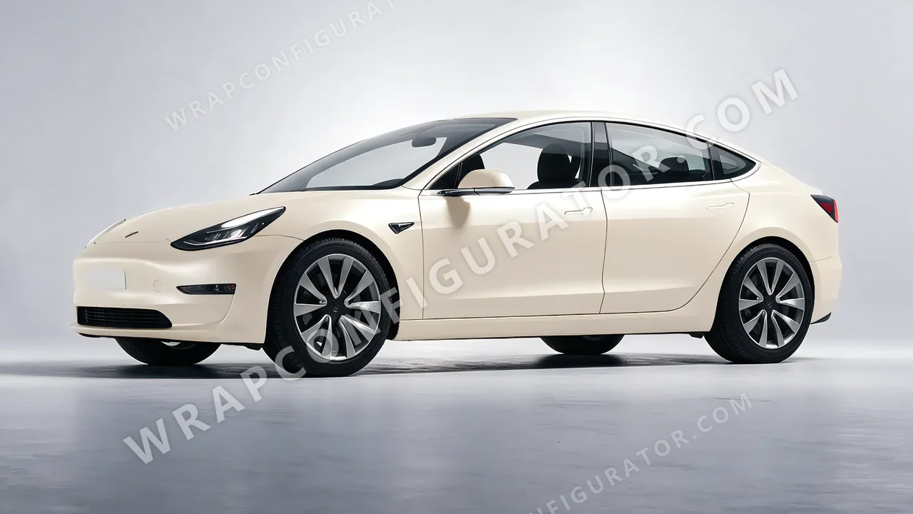 White Tesla Model 3 2019 wrapped in 3M Satin Frozen Vanilla SP240