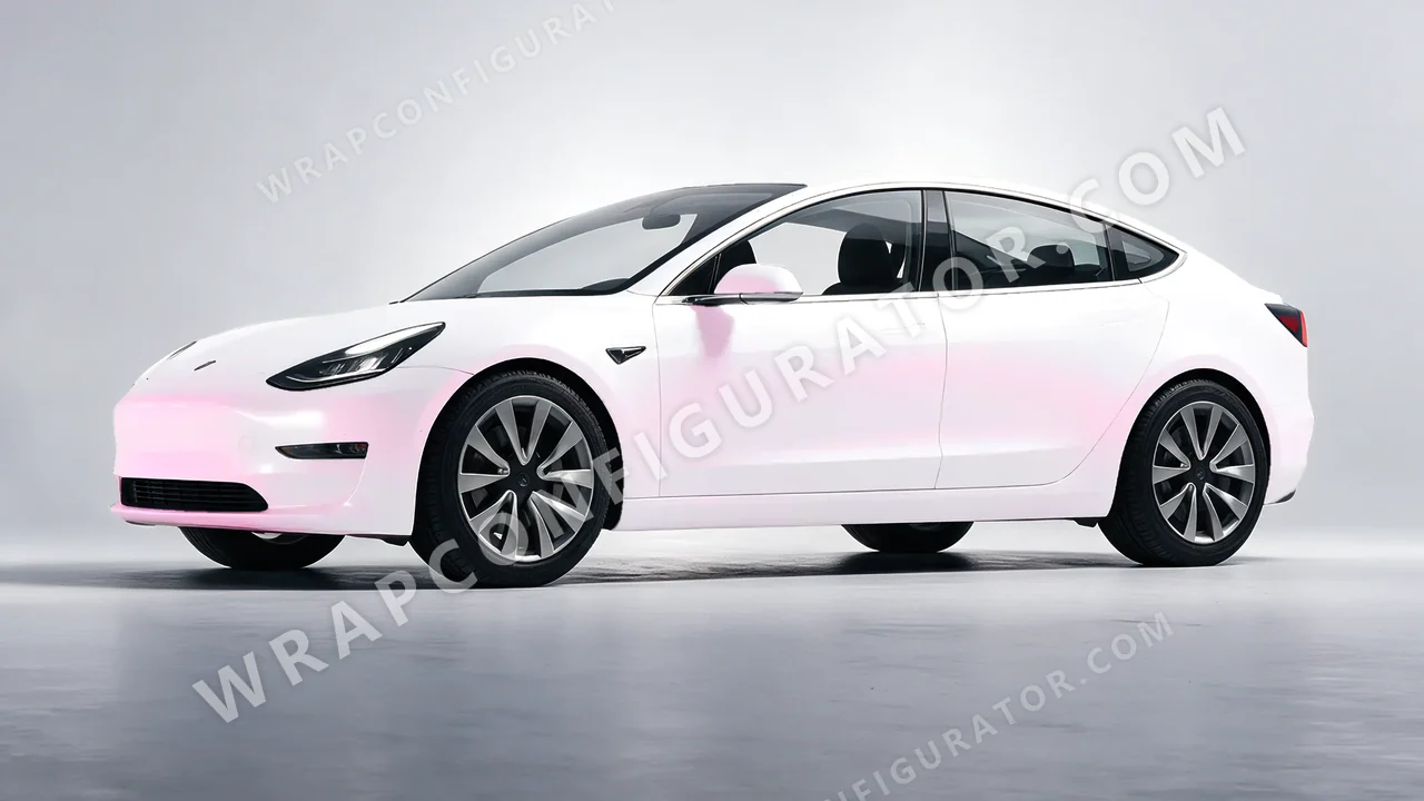White Tesla Model 3 2019 wrapped in KPMF Matt Pink White Starlight K75574