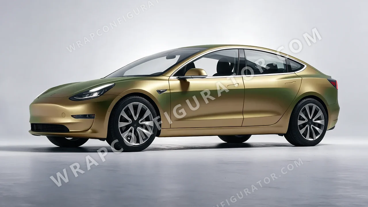 Yellow Tesla Model 3 2019 wrapped in 3M Golden Aurora SP264