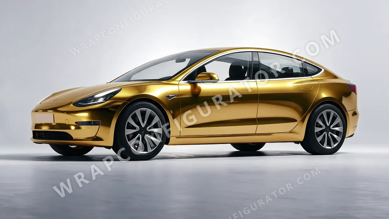 Yellow Tesla Model 3 2019 wrapped in Avery Dennison Gold SF100-604-S