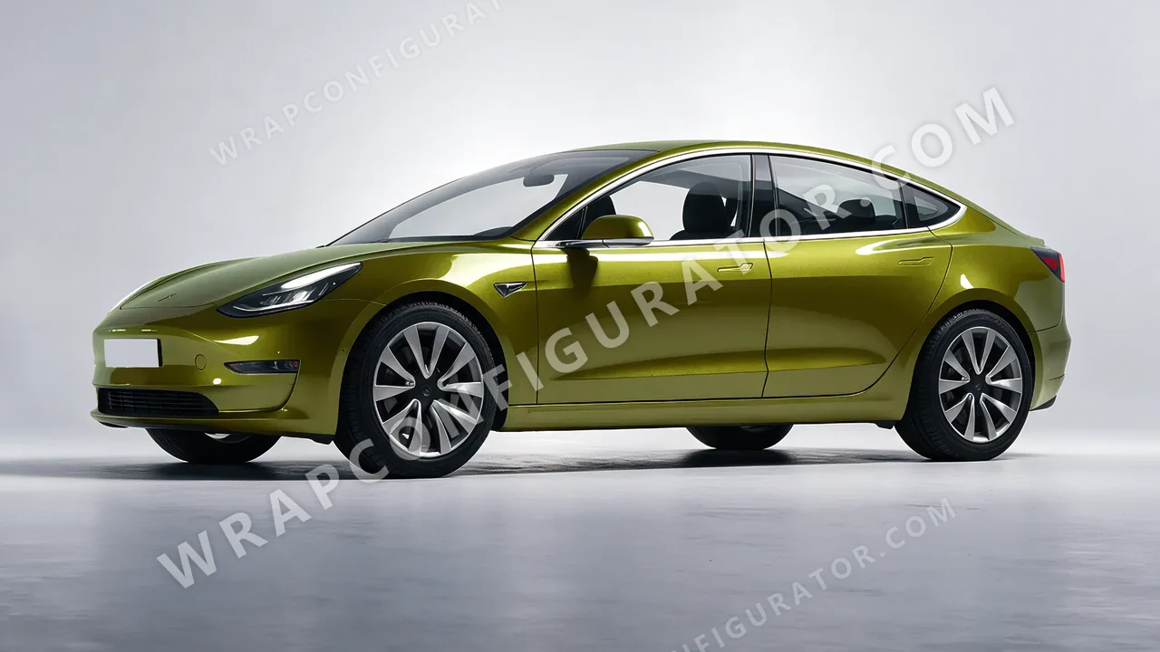 Yellow Tesla Model 3 2019 wrapped in KPMF Verde Solaris K75439