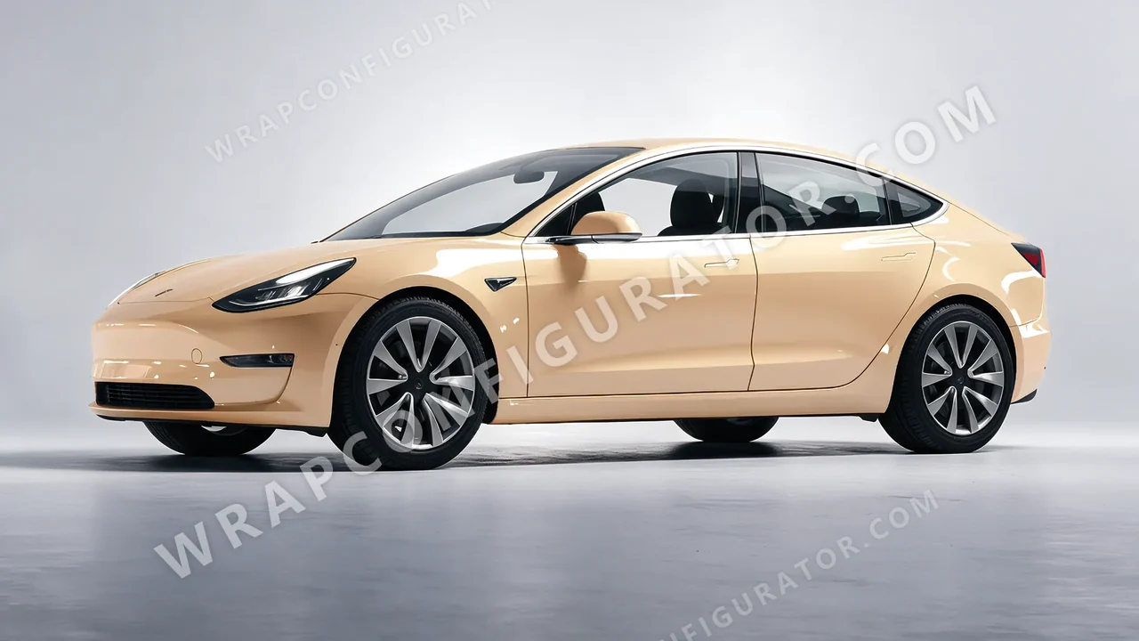 Yellow Tesla Model 3 2019 wrapped in ORACAL Champagne Myst 970RA-996G