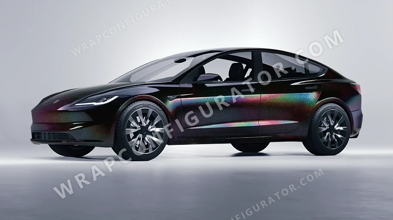 Black Tesla Model 3 2024 wrapped in 3M Black Psychedelic HGP221