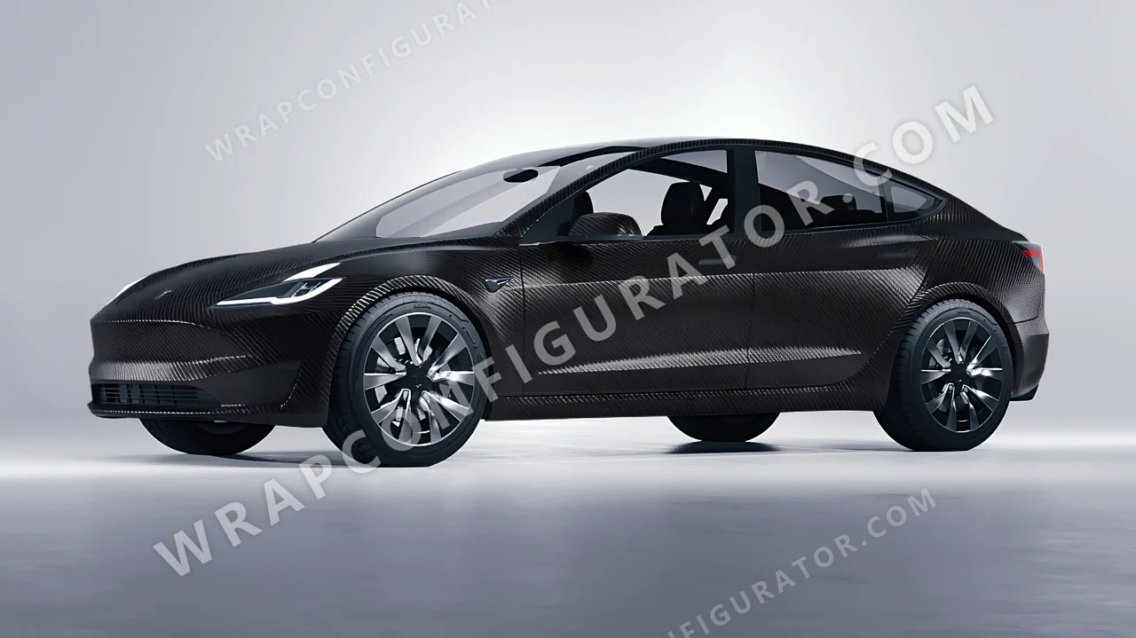 Black Tesla Model 3 2024 wrapped in 3M Carbon Fiber Black CFS12
