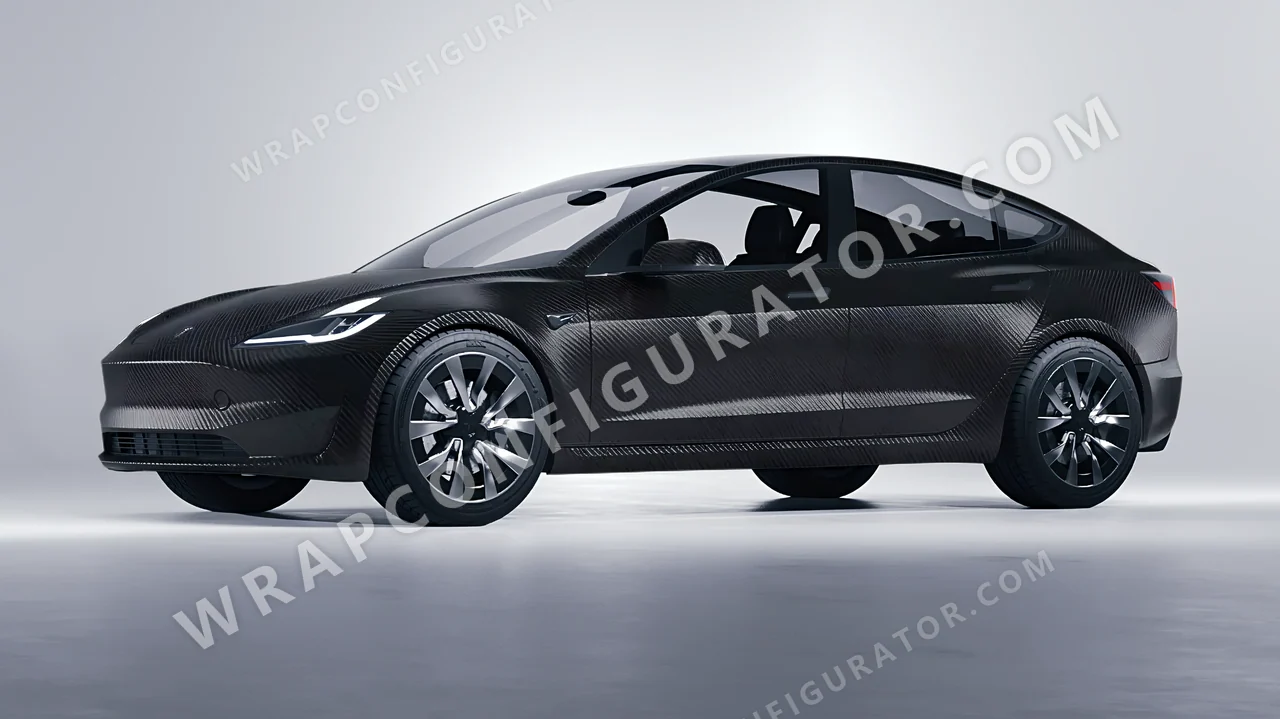 Black Tesla Model 3 2024 wrapped in Avery Dennison Carbon Fiber Black SW900-194-X