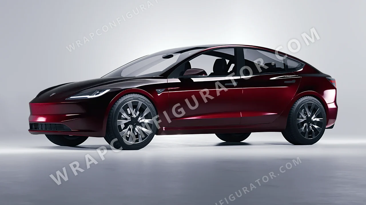 Black Tesla Model 3 2024 wrapped in KPMF Midnight Crimson Bloom K75447