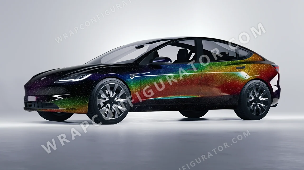Black Tesla Model 3 2024 wrapped in KPMF Morpheus Black Starlight K75470