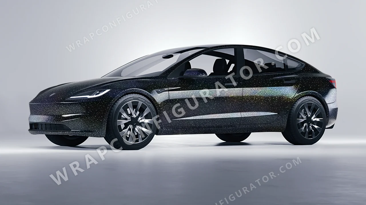 Black Tesla Model 3 2024 wrapped in ORACAL Gloss Black Galactic Gold 970RA-905G