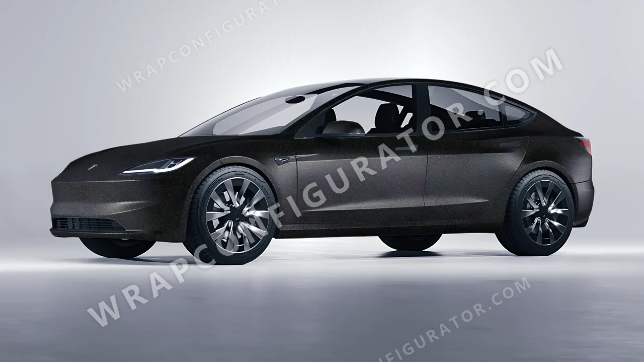 Black Tesla Model 3 2024 wrapped in ORACAL Matt Black Galactic Gold 970RA-905M