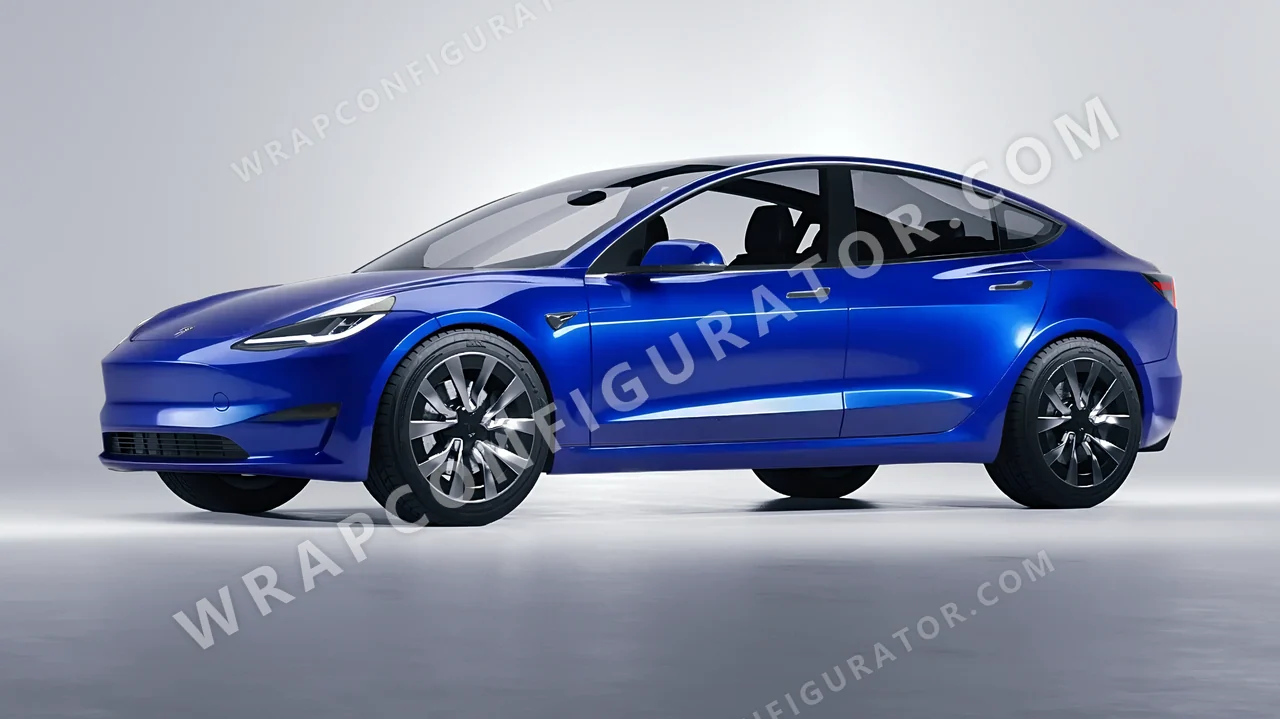 Blue Tesla Model 3 2024 wrapped in 3M Gloss Deep Blue Metallic G217