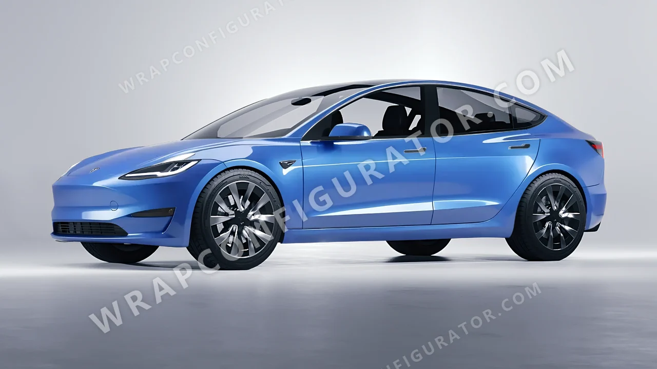 Blue Tesla Model 3 2024 wrapped in 3M Gloss Ice Blue G247