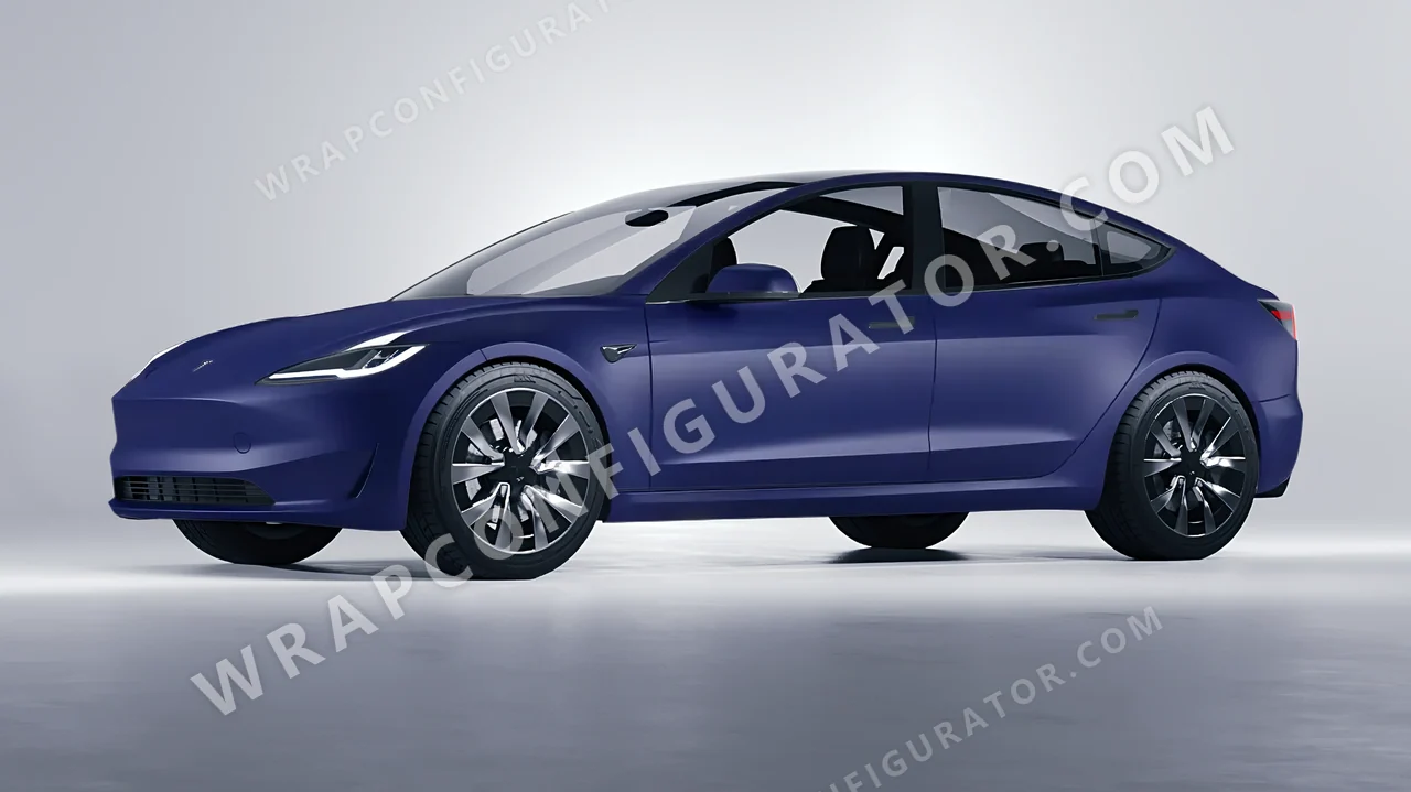 Blue Tesla Model 3 2024 wrapped in 3M Matte Indigo M27