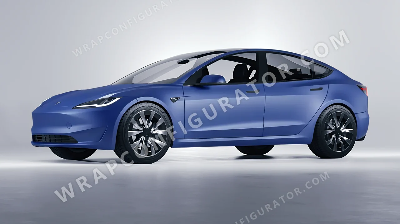 Blue Tesla Model 3 2024 wrapped in 3M Matte Slate Blue Metallic M217