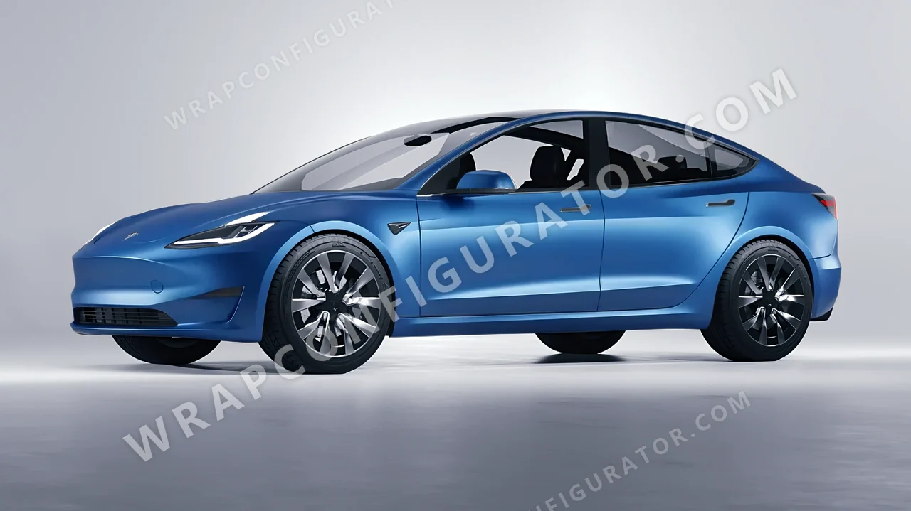 Blue Tesla Model 3 2024 wrapped in 3M Satin Perfect Blue S347