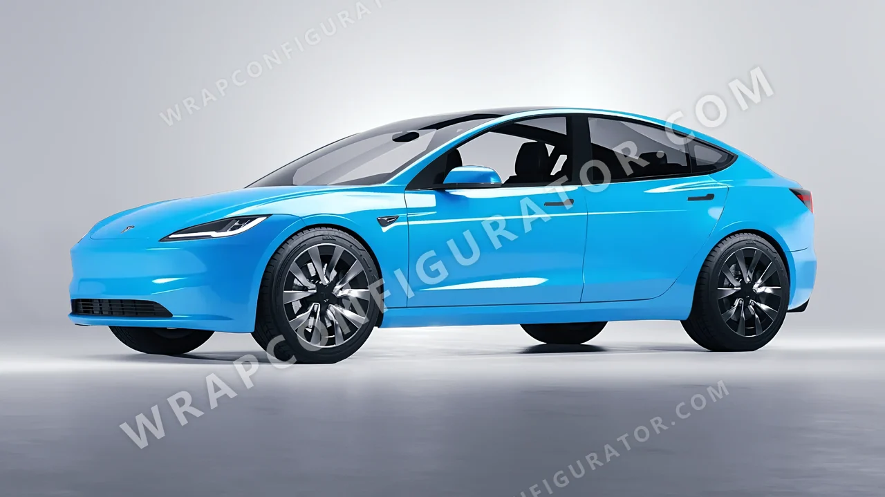Blue Tesla Model 3 2024 wrapped in 3M Sky Blue HG77