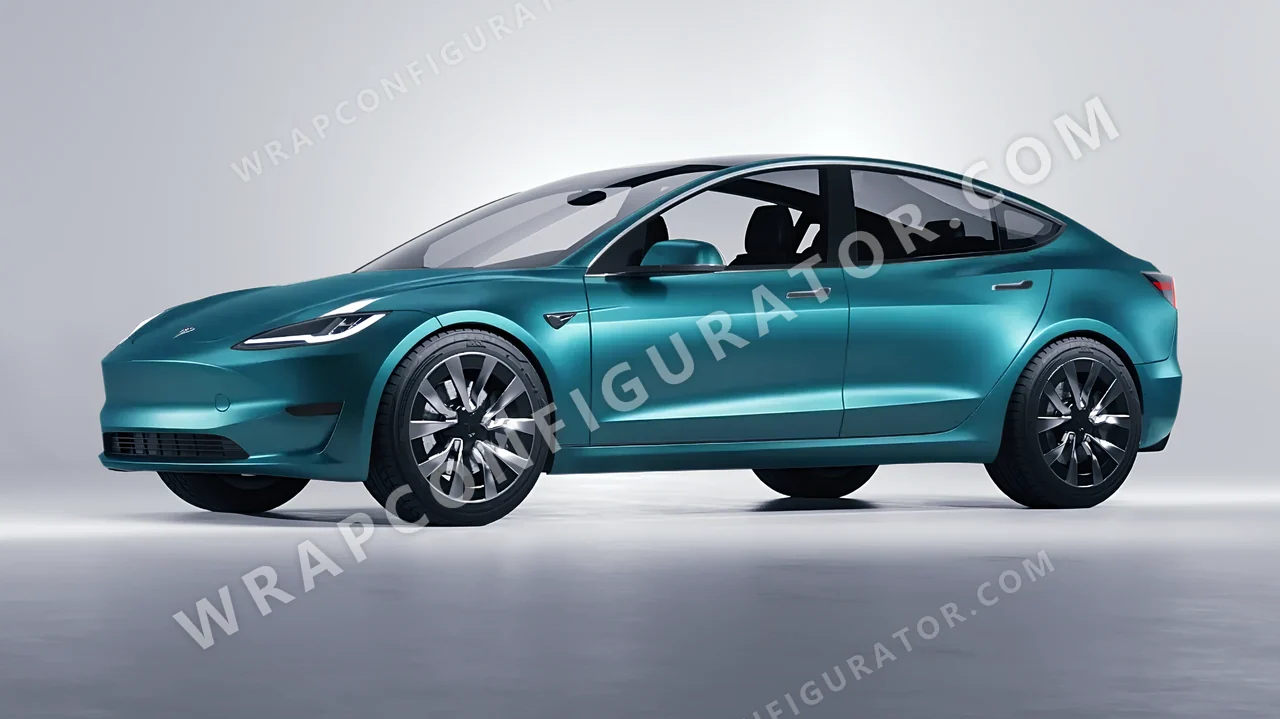 Blue Tesla Model 3 2024 wrapped in Avery Dennison Satin Cool Teal SW900-716-S