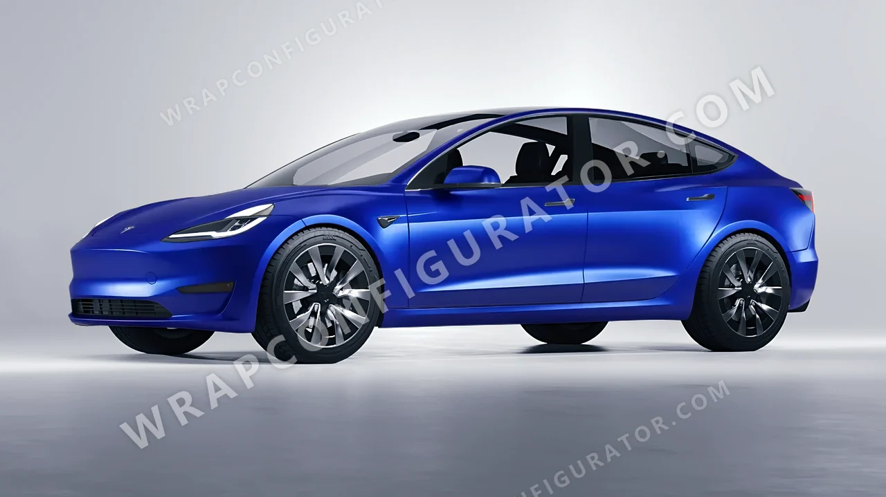 Blue Tesla Model 3 2024 wrapped in Avery Dennison Satin Wave Blue SW900-629-S