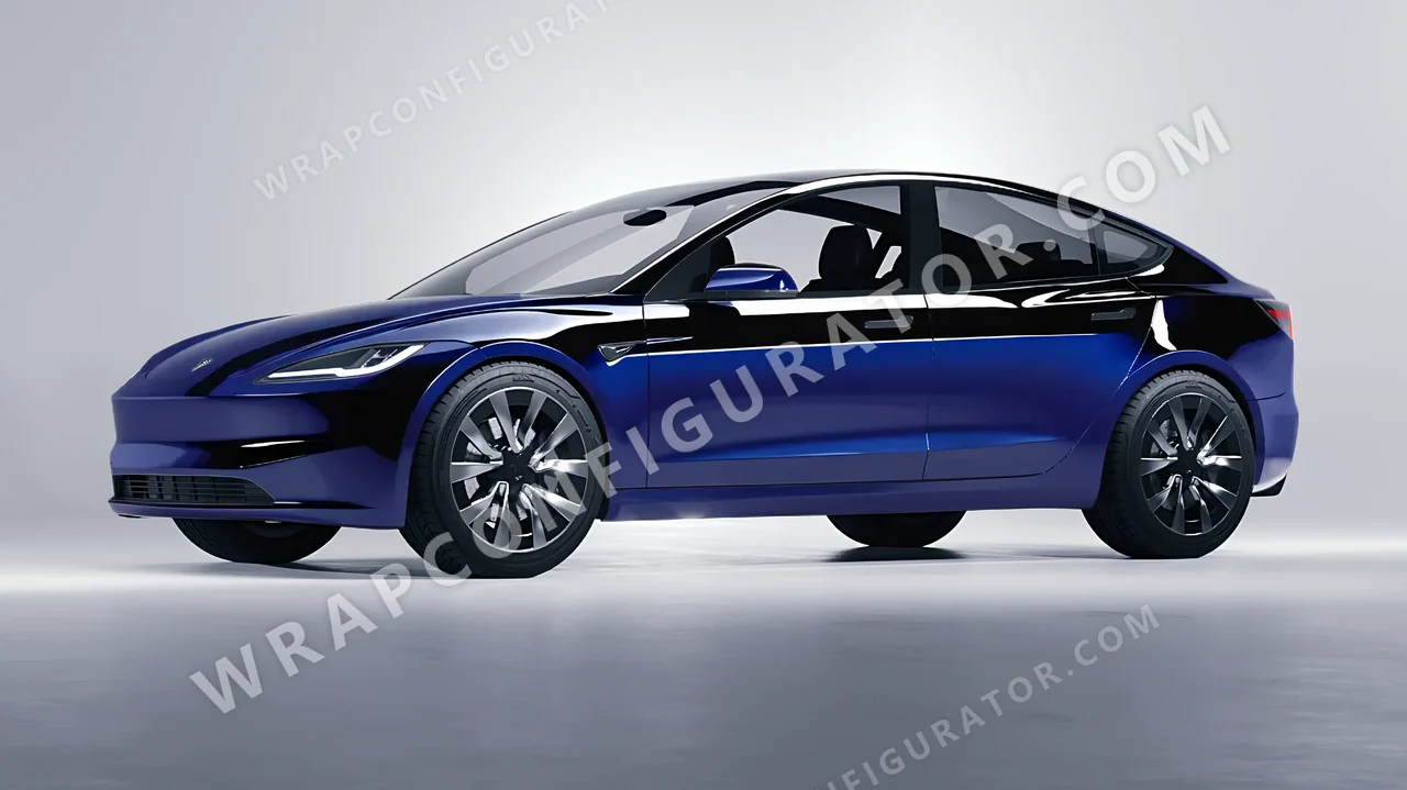 Blue Tesla Model 3 2024 wrapped in Inozetek Dynamic PPF Black Blue DPPF925