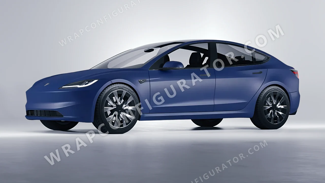 Blue Tesla Model 3 2024 wrapped in KPMF Absolute Matt Quantum Blue K75802