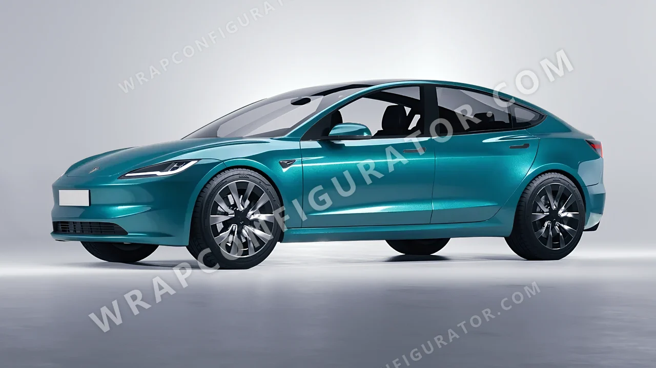 Blue Tesla Model 3 2024 wrapped in KPMF Dynamic Teal K75455